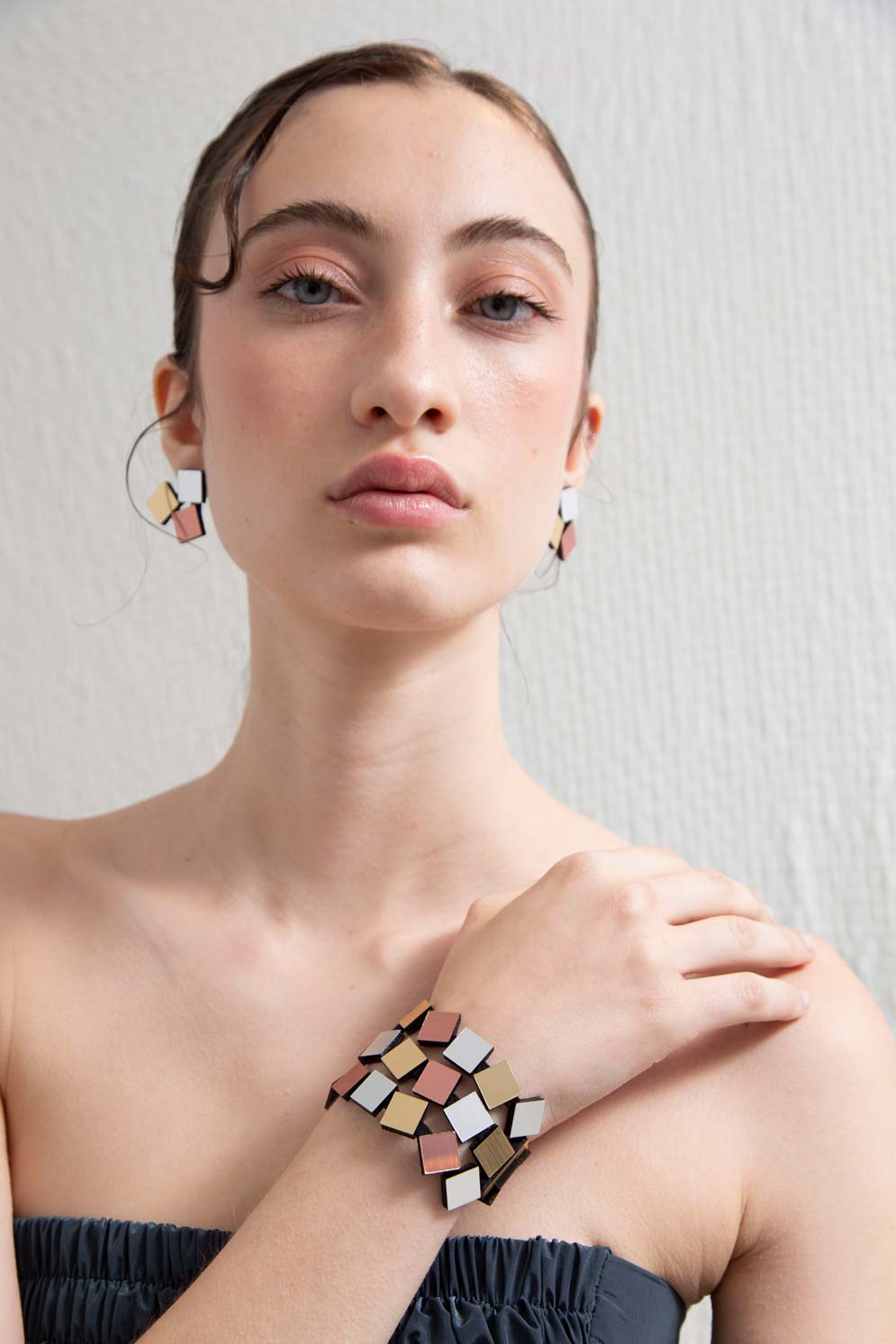 Pendientes Bauhaus 3 Cuadrados - Plata/Oro/Cobre