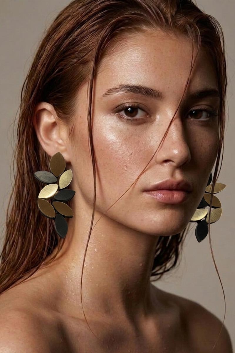 Pendientes Kate Leaves Largos - Negro/Oro - Con Clip