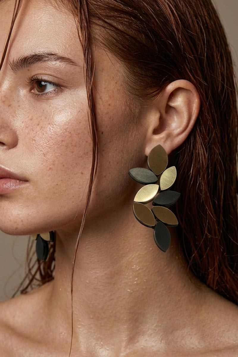 Pendientes Kate Leaves Largos - Negro/Oro - Con Clip