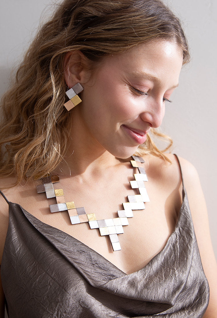 Pixel Tetris Clip-On Earrings - Metallics