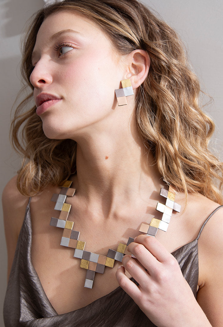 Pixel Tetris Clip-On Earrings - Metallics