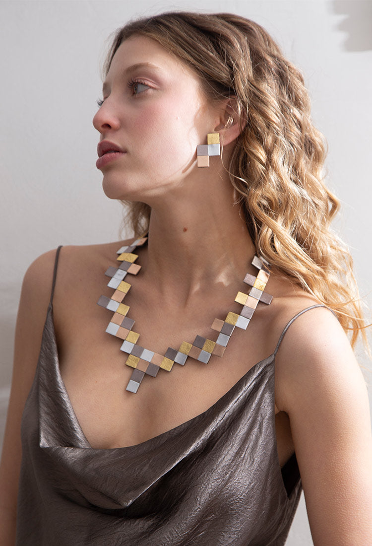 Pixel Tetris Clip-On Earrings - Metallics