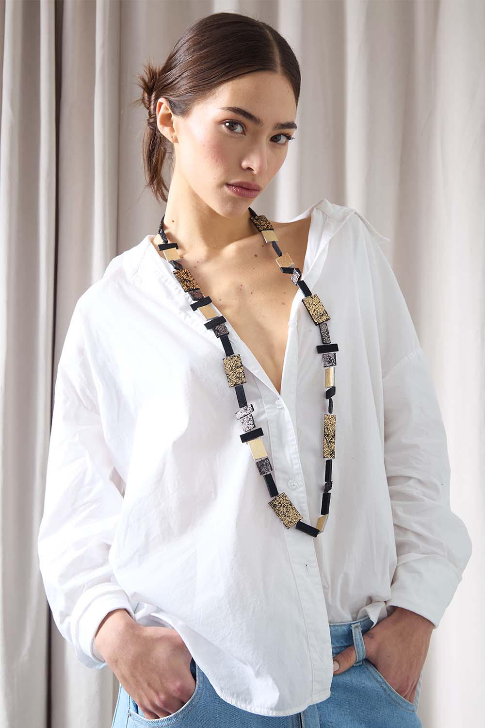 Collar Rainbow Largo - Negro/Oro/Peltre